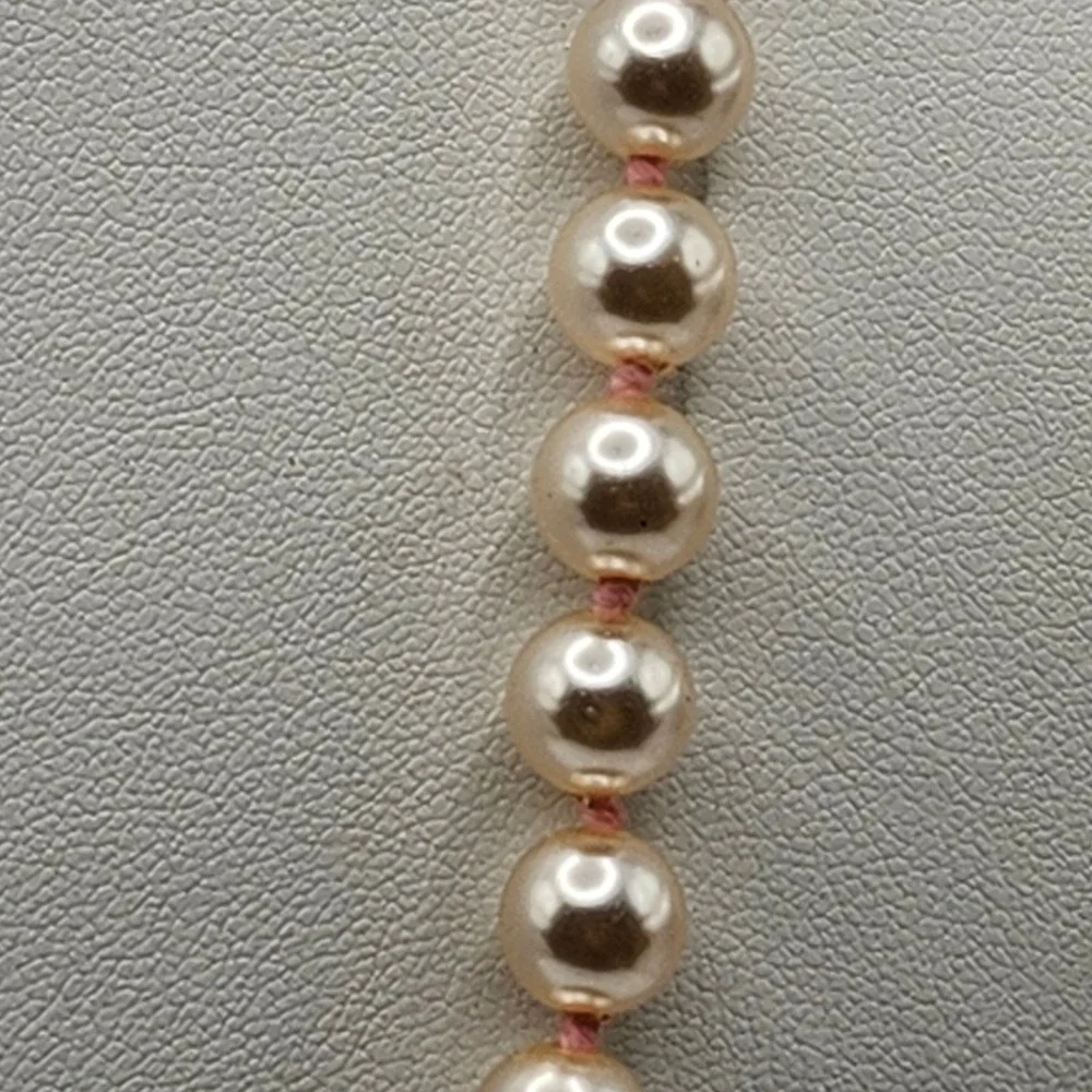 Vintage Pink Champagne Glass Pearl‎ Knotted Strand Necklace Gold Tone Filigree